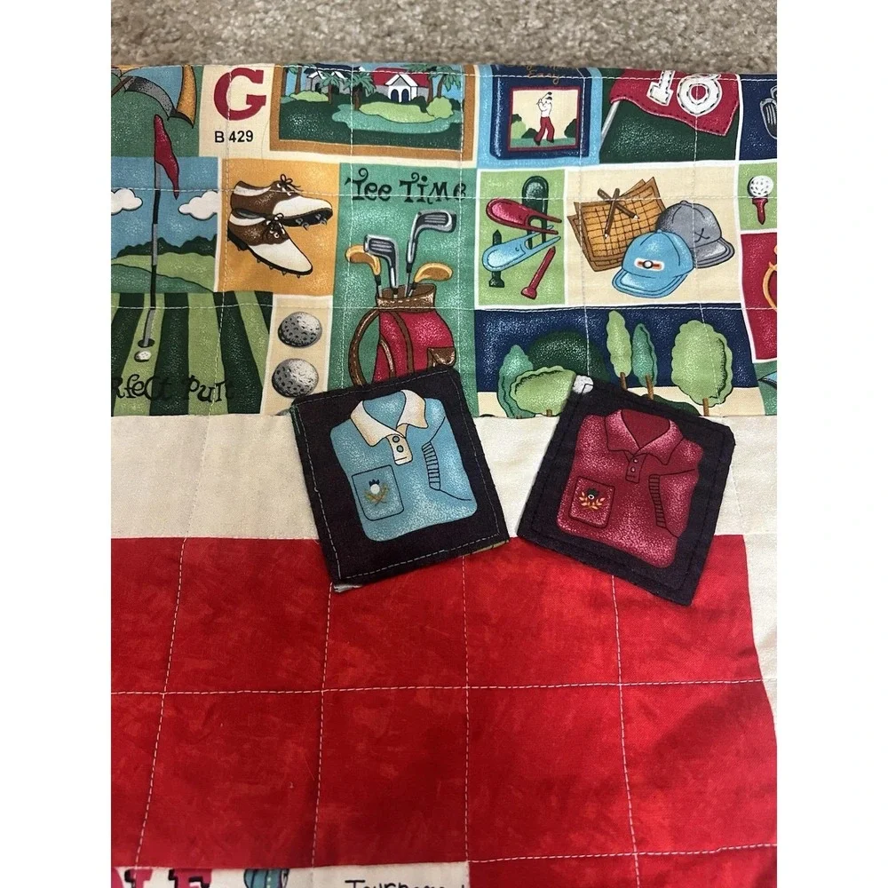 VINTAGE Patchwork Quilt Golf Themed On Both Sides 1950's